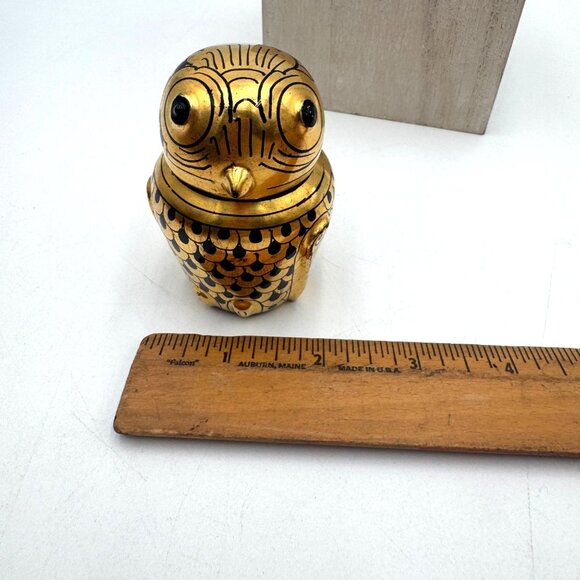 Vintage Hand Painted Burmese Gold & Black Lacquerware Owl Trinket Boxes delicate - Picture 12 of 12